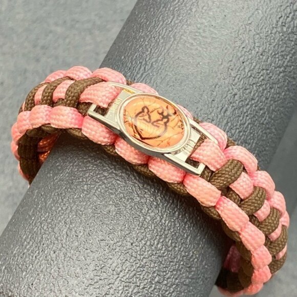 Deer Survival Paracord Bracelet 7.5 In Pink Crackle Brown Heart Silver Oval Camp - Picture 1 of 4